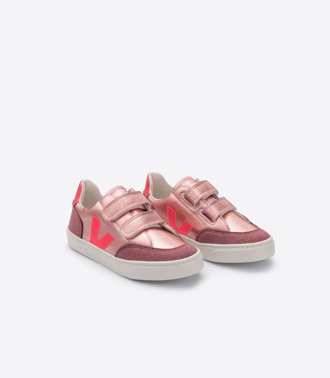 Veja Little Girls V-12 Velcro Chromefree Sneakers in Nacre newest Rose Fluo